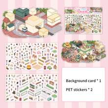 2.5D 大型风景贴纸，小镇系列，手工 DIY 3D 迷你房屋场景装饰贴纸，2 张宠物贴纸 + 1 张场景纸板，适用于学校用品，返校 - 彩色 - 查看 7