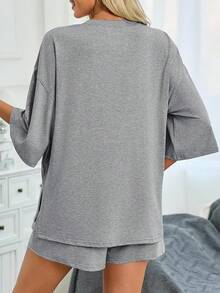 Imily Bela Women's Two Piece Lounge Set 2025 Summer Casual Oversized Shirts Biker Shorts Matching Airport Travel Outfit - 灰色 - 查看 5