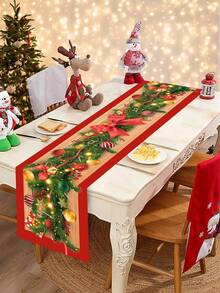 1pc Christmas Table Cover, 180x35cm Christmas Tree Branches Bow Design Polyester Table Runner For 6-8 Seater, Seasonal Winter Xmas Party Table Decoration, Christmas Decorations For Home 2025, Holiday Indoor Home Kitchen Decor