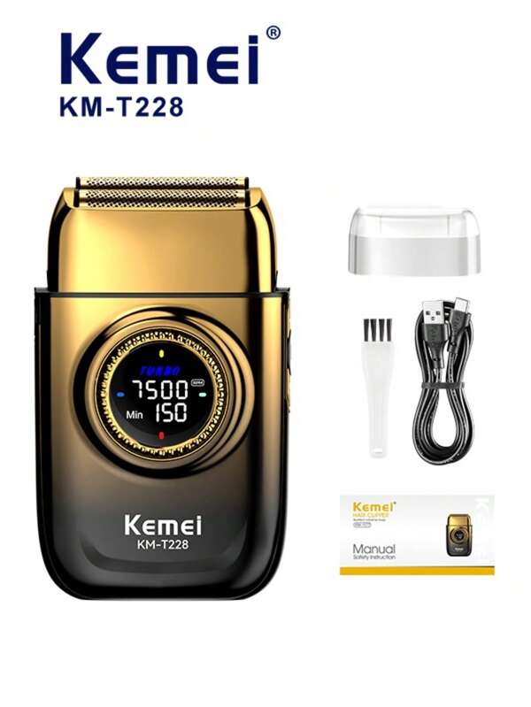 Kemei Afeitadora eléctrica nueva KM-T228 para hombres con batería de ión de litio de gran capacidad de 1400 mAh, afeitadora eléctrica para hombres con 3 velocidades, pantalla LCD, recortadora de barba para afeitado facial, hoja para eliminar el cabello de la barba, nuevo regalo de año para hombres, esposos y padres