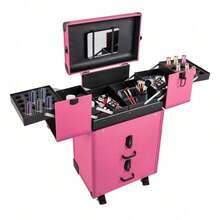 4 In 1 Rolling Makeup  Case, Lockable Portable Cosmetic Organizer Trolley, Large Make Up Cosmetic Orgainzer - Hot Pink - View 3