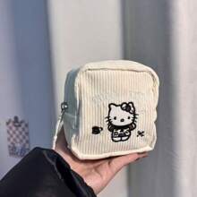 Sanrio 1pc Corduroy Fabric Hello Kitty Embroidered Girl's Square Lipstick Case, High Quality Portable Makeup Pouch, Student Earphone Coin Purse Toiletry Bag, Autumn/Wintertravel Essentials For Vacation Summer Holiday Back To School School Stuff Bag For School Travel Bag For Women Makeup Bag For Travel