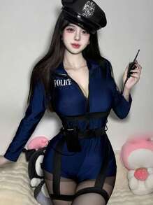 1pcWomen Police Role Play Sexy Lingerie Set - Front Zipper Turtleneck Long Sleeve Jumpsuit + Thigh Garter Belt, Costume(Excluding Hat And Calling Machine)