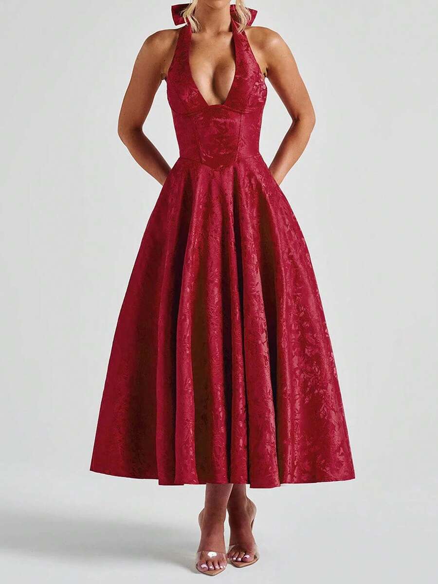 Women Jacquard Halter Dress Elegant Low Cut Sleeveless Open Back A-Line Long Dress For Evening Party Club - 酒紅色 - 查看 1