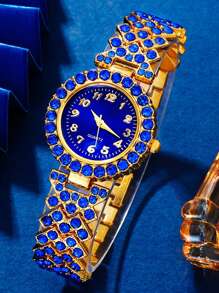 Conjunto de 6 relógios femininos, relógio digital feminino de liga metálica, simples e moderno, luxuoso, com strass azul, conjunto de pulseiras de liga metálica azul, colar, pulseira, brincos, anel, conjunto de relógio e pulseira, adequado para reuniões diárias, um presente para mães