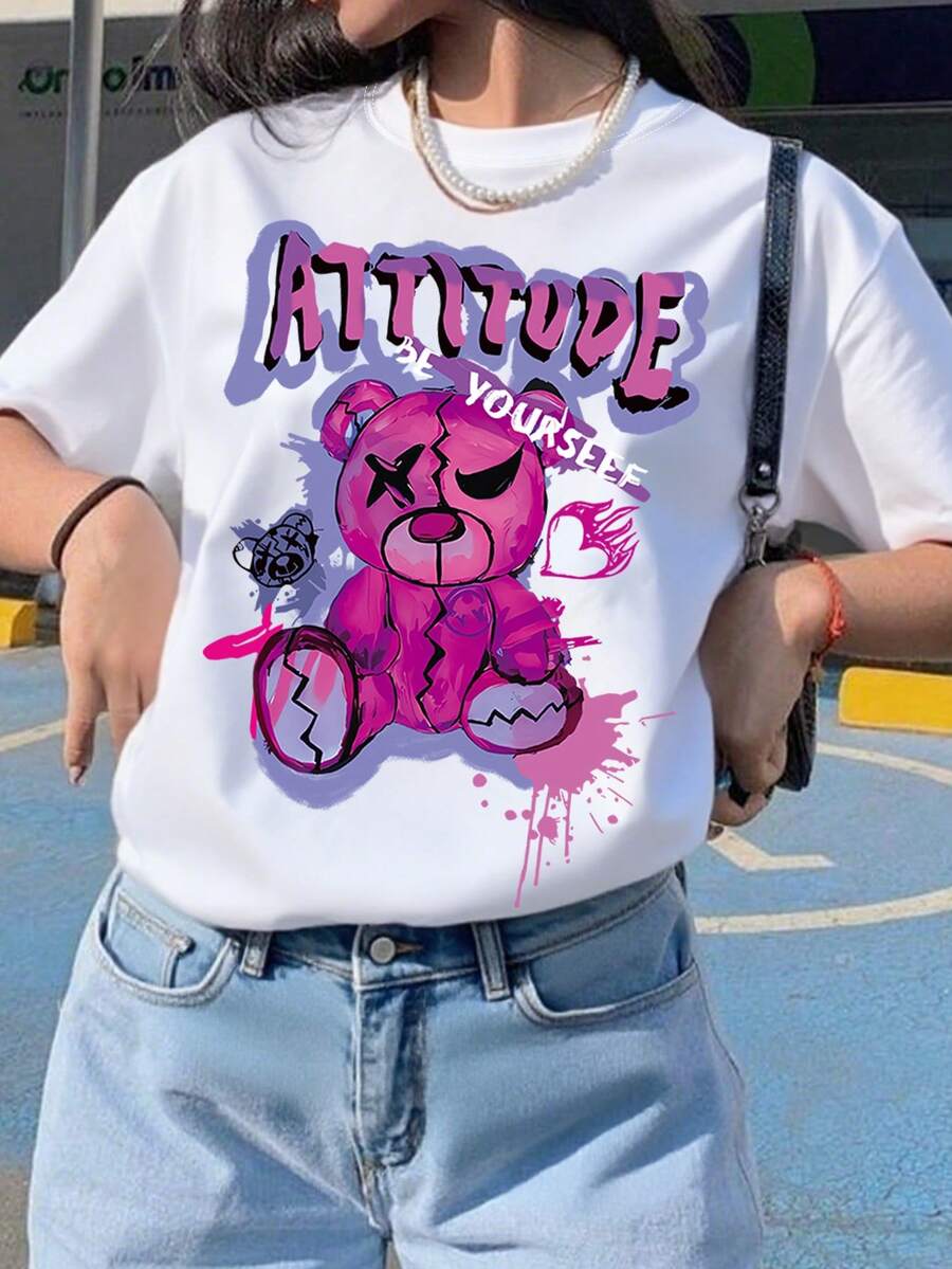 少女风格泰迪熊印花短袖柔软T恤，夏季休闲街头服饰，女童上衣 - 白色 - 查看 1