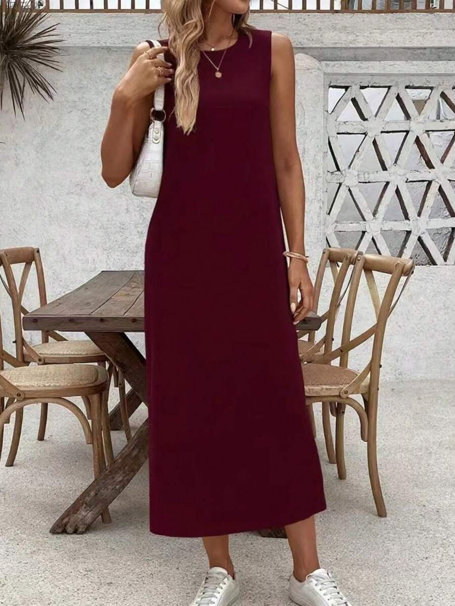 女式纯色简约无袖休闲连衣裙 - 酒紅色 - 查看 1
