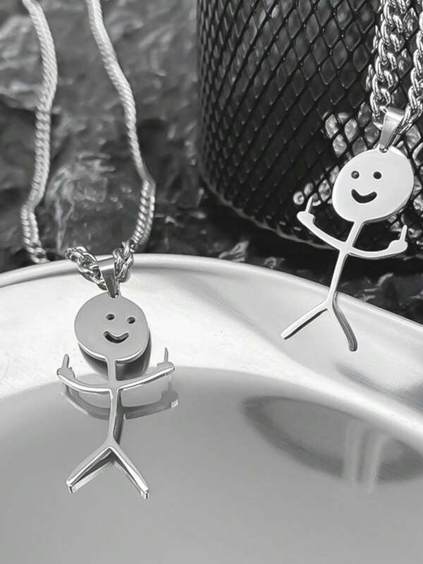 1pc Unisex Middle Finger Figure Stainless Steel Necklace, Funny Graffiti Design For Couple, Fashionable & Casual, Suitable As Valentine's Day Gift