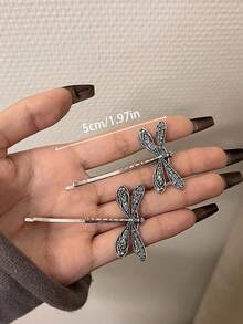 2pcs Elegant Chic Vintage Court Style Metal Dragonfly Hair Clips, 5cm/1.97in Alloy Dragonfly Hair Accessories, Suitable For Ladies' Daily Wear, Makeup, Bathing, Commuting, Vacation, Dating, School, Party, Festival, Gift, Flat Claw Clip, Snap Clip, Hair Slide, Hair Claws, Head Accessories, Hairpin, Bobby Pins - Antique Silver - View 3