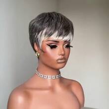Krótkie peruki pixie dla kobiet z ludzkich włosów, peruki sól i pieprz dla czarnoskórych kobiet, krótkie peruki dla czarnoskórych kobiet, 34#, warstwowa, biała, czarno-biała, peruka dla białych kobiet, warstwowe peruki z grzywką, szara peruka z ludzkich włosów do codziennego użytku na imprezy, kostiumy na Halloween, fajna peruka