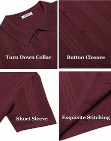 Men's Knit Shirts Short Sleeve Button Down Polo Shirt Fashion Casual Summer Beach Shirts - 酒紅色 - 查看 6