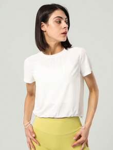 女士提花圆领宽松可调节抽绳运动健身上衣速干瑜伽上衣T恤 - 白色 - 查看 5