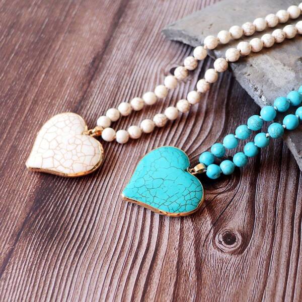 1pc New Fashion Bohemian Women Jewelry 8mm Turquoise Knotted Necklace With Turquoise Heart Pendant, Suitable For Daily Wear