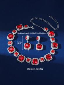 1set Silver Square Necklace Earrings Set, Wedding Jewelry With Red Crystal For Bride
