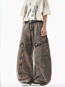 1 件街头正义风格工装牛仔裤，男士宽腿宽松休闲裤，带多个口袋 - 灰色 - 查看 4