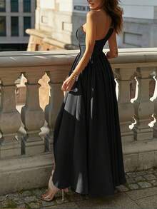 QIANZHIDU Elegant Asymmetric Ruffle Trim One-Shoulder Cocktail Dress, Flattering Party, Back To School, Formal Dress For Women - Black - View 2
