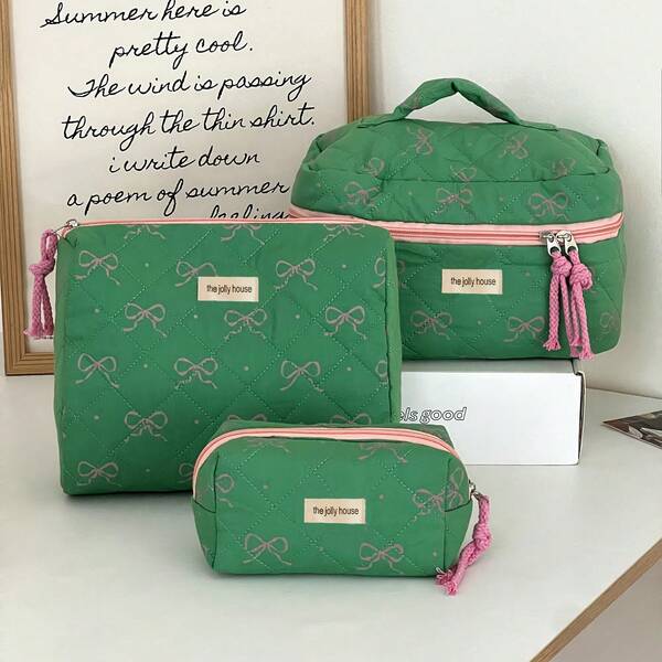 1pc/2pcs/3pcs Green Pink Contrasting Bow Printing Women's Cosmetic Bag, Travel Cosmetic Bag Set, Portable Multi-Functional Travel Cosmetic Storage Bag, Compartment Beauty Storage Bag, Travel Toilet Bag, For Eyeshadow Disc, Foundation, Eye Cream, Mask, Loose Powder And Toiletries, Suitable For Party Vacation, Wedding Makeup Use