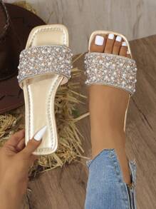 Sandalias de mujer de talla grande, de lujo, con punta cuadrada antideslizante, decoradas con brillantes rhinestones y perlas, versátiles para la playa y vacaciones