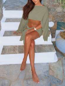 Women's Summer 2 Pieces Set Featuring Voluminous Sleeve Design Wrap Skirt, Fashionable & Elegant Resort/Vacation Style, Daffodil Yellow