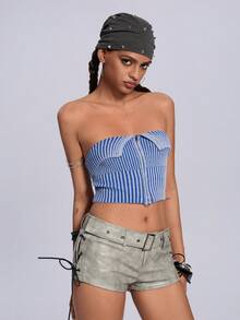 ROMWE Women's Strapless Two-Tone Knitted Zippered Front Top - Blue - View 2