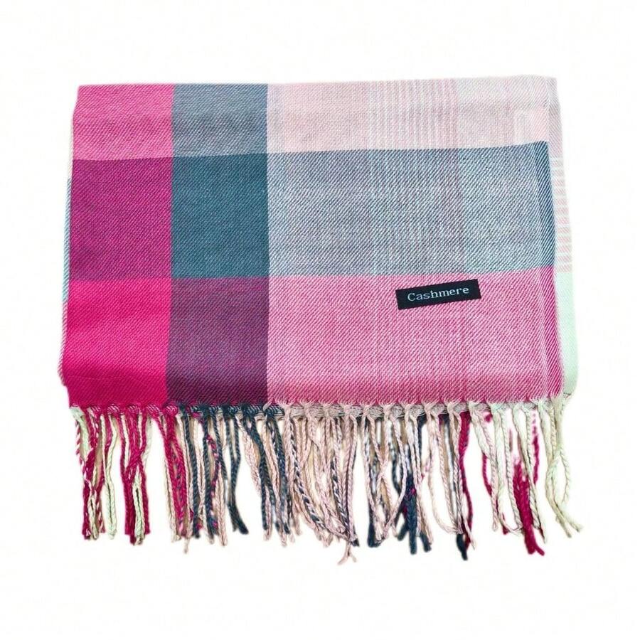 British Retro Plaid Wool Scarf For Autumn And Winter - Hot Pink - View 1