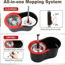 360 Spinning Mop Bucket Floor Cleaning Tool With 3 Microfiber Mop Replacement Head Refills,50" Extended Handle For Floor Cleaning Home - Black and Red - View 8