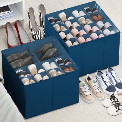2 Pack Foldable Shoe Organizer For Closet Storage, Modular Shoe Boxes With Adjustable Compartments, Space-Saving Design Holds 16-32 Pairs, Durable Fabric Shoe Bins In Blue