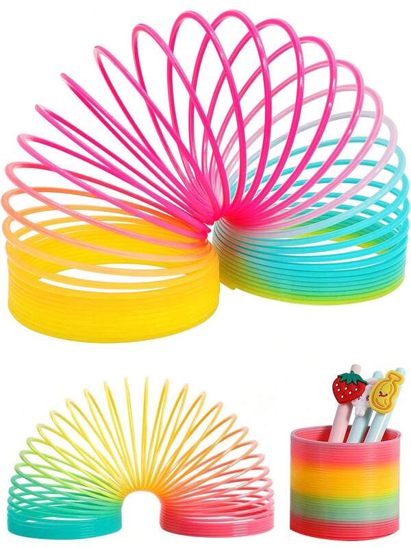 1pc/2pcs Random Color, 3-Inch Large Rainbow Hoop Polymer Spring Circle Fidget Toy, Magic Stretchy Ring, Stress Relief Toy For Teens