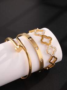 3 件套不锈钢钉子和四叶草手链和项链套装，适合女性日常佩戴、圣诞礼物、节日礼物