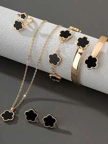 5pcs/Set Lucky Floral Stainless Steel & Shell Bracelet, Necklace, Earrings, Bracelet, And Ring Jewelry Set, New Arrival - Black - View 1