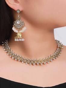 3pcs/Set Retro Faux Pearl Bead Tassel Bell Necklace & Earrings Set, Suitable For Women's Daily Wear Or Party