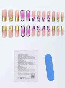 24 件棺材形指甲贴纸，浅紫色和深紫色渐变小花，3D 花朵设计，金珠，闪光粉美甲套装（包括 1 件果冻凝胶，1 个指甲锉） - 适合女性日常、约会、派对按压指甲美甲用品 - 彩色 - 查看 2