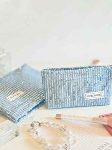 时尚闪光牛仔化妆包；高品质便携式高端大容量收纳包便携式旅行化妆刷收纳化妆包大号化妆包女士旅行沐浴淋浴收纳化妆包护肤化妆品、钱包、小物品收纳、旅行必备套装日常办公室通勤、情人节、圣诞节、感恩节、伴娘婚礼用品