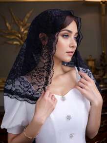 1pc Women Short Solid See-Through Lace Trim Headscarf, Church/Wedding/Party Veil