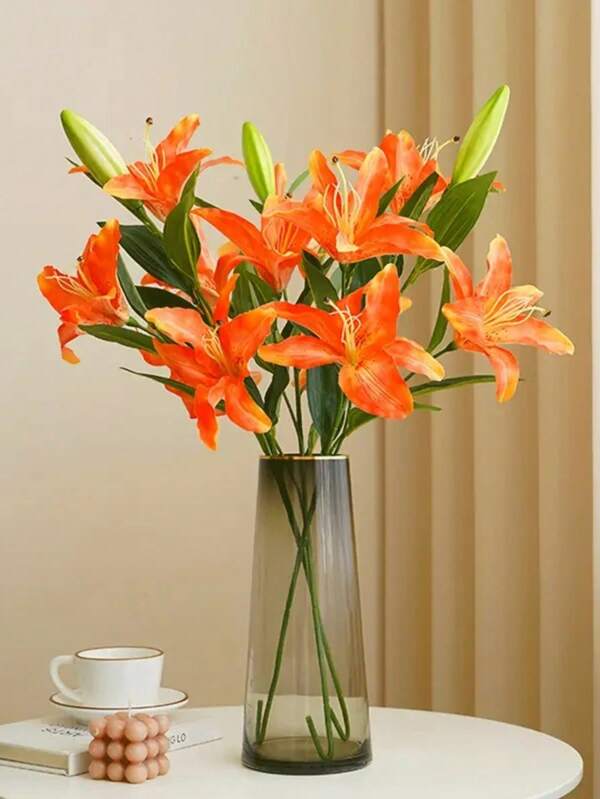 1pc 5-Headed Artificial Lily Flower With Stems, Home Living Room Decor, 4 Flowers 1 Bud, Silk Flower, Wedding Decoration Fake Flower Home Decor Back To School School Supplies