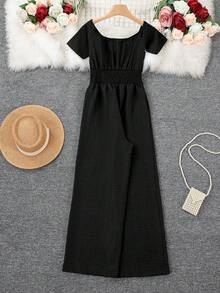 Bộ jumpsuit nữ màu đen, kiểu dáng trễ vai, thắt eo, thích hợp cho mùa hè, thanh lịch. - màu đen - Xem 4