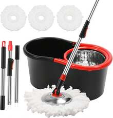360 Spinning Mop Bucket Floor Cleaning Tool With 3 Microfiber Mop Replacement Head Refills,50" Extended Handle For Floor Cleaning Home - Black and Red - View 2