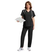 1 Set V-Neck Short Sleeve Slim Fit Shirt And Drawstring Straight Leg Casual Pants, Scrubs Set, Healthcare Scrub Uniform Set - Black - View 8