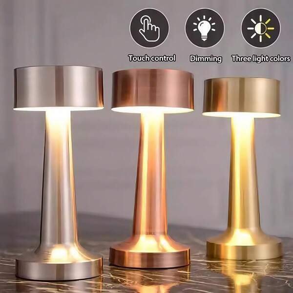 Nachladbare LED Schreibtischlampe, tragbare Metallleuchte, 3-farbig dimmbar, Touch-Sensor-Steuerung, USB-Ladeanschluss, geeignet für Schlafzimmer, Büro, Leseraum, Esszimmer, Bar, Wohnzimmer, Stromausfall-Notfall