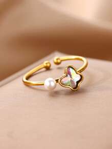 Anillos de acero inoxidable con pequeñas mariposas azules y flores, anillo de color dorado impermeable para mujeres, joyería de perlas falsas para boda, accesorios para vacaciones, regalo para mamá/mejores amigas/hija