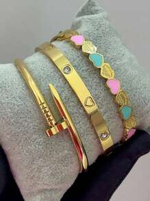 Conjunto de 3 piezas de brazalete de acero inoxidable con encantos de uña y trébol, apropiado para uso diario de mujeres, regalo de Navidad, obsequio de festividades