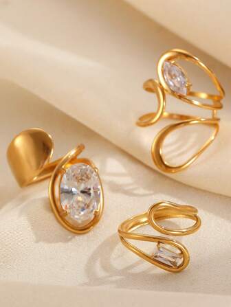 3 st. moderiktiga lyxiga asymmetriska kubiska zirkonia-ringar i rostfritt stål för kvinnor, lämpliga för vardagsbruk, sammankomster, födelsedagar, förlovningar, fester