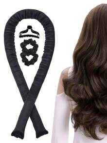 4 件套巧克力棕色纯色发圈、卷发器、下巴夹组合、免热卷发工具、发饰、发饰、学校用品、