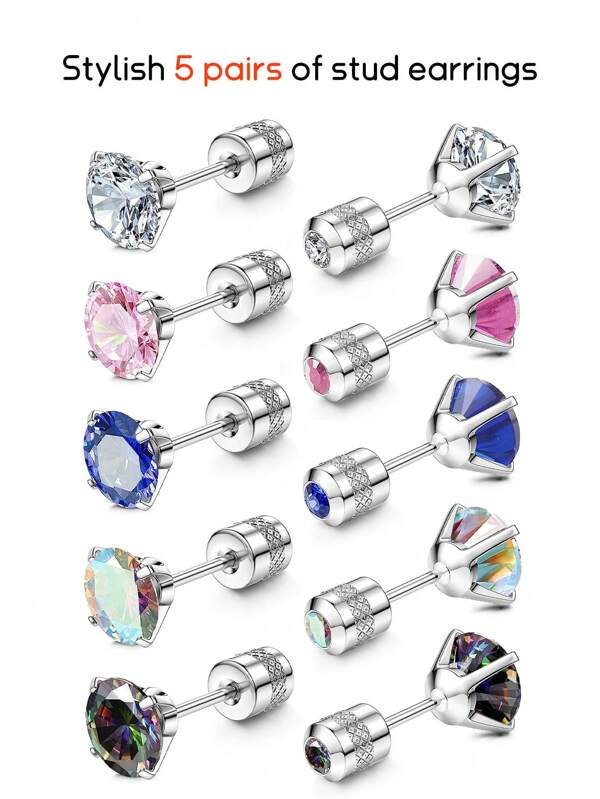 5/1 Pair Fashion Colored Zirconia Men's Earrings Set - Hypoallergenic 316L Stainless Steel Punk Ear Bone Studs For Daily Wear