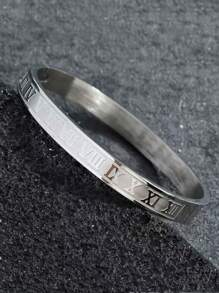 1 pieza Brazalete de acero inoxidable con números romanos de moda para hombre (abierto)