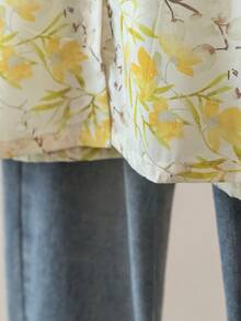 YUXIN 女士法式黄色碎花衬衫，翻领，七分袖，适合工作或度假穿着，透气修身艺术上衣 - 黃色 - 查看 12