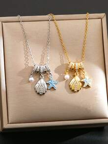 1pc Fashionable Minimalist Micro-Inlaid Zirconia Faux Pearl Shell Necklace