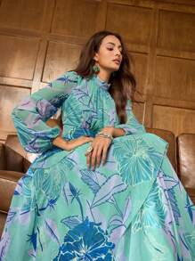 Faeriesty Druck elegantes Chiffonabendkleid mit Blumendrucken, hoher Kragen Glockenärmel - Geschichtetes Rüschenoberteil, perfekt für boho Gartenhochzeiten, vintage Braut-Bankette und rote Teppich Auftritte