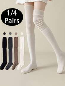 1/4 pary damskich skarpetek za kolano, w jednolitym kolorze, cienkich i długich, wygodnych, z wysokim łączeniem rurek, uniwersalnych, czarno-białych, Y2K