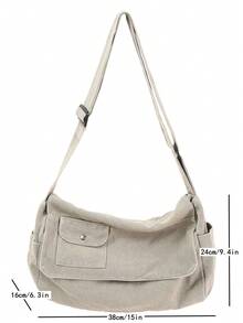 1 chiếc túi đeo vai lật tối giản cổ điển màu xám, túi đeo chéo vải canvas dày, dung tích lớn, ba lô hàng ngày phong cách sinh viên Mỹ để đi học/du lịch - Xám - Xem 6